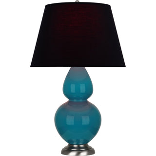 Buy peacock-glazed-ceramic-w-antique-silvered-with-ink-black-w-rose-red-lining-fabric-shade-glass-and-black-shade Double Gourd Table Lamp by Robert Abbey