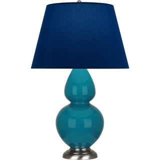 Buy peacock-glazed-ceramic-w-antique-silvered-with-navy-w-gray-lining-fabric-shade-glass-and-blue-shade Double Gourd Table Lamp by Robert Abbey