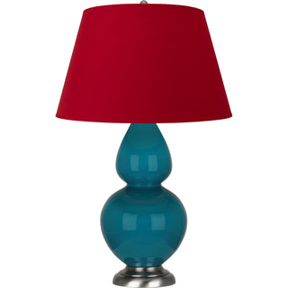 Buy peacock-glazed-ceramic-w-antique-silvered-with-rose-red-w-ink-black-lining-fabric-shade-glass-and-red-shade Double Gourd Table Lamp by Robert Abbey