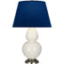 Bone Glazed Ceramic w/Antique Silvered with Navy W/ Gray Lining Fabric Shade Glass and Blue Shade
