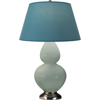 Buy celadon-glazed-ceramic-w-antique-silvered-with-bright-blue-w-gray-lining-fabric-shade-glass-and-blue-shade Double Gourd Table Lamp by Robert Abbey