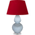 Baby Blue Glazed Ceramic w/Lucite with Rose Red W/ Ink Black Lining Fabric Shade Glass and Red Shade