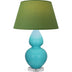 Egg Blue Glazed Ceramic w/Lucite with Tea Green W/ Taupe Lining Fabric Shade Glass and Green Shade