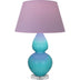 Egg Blue Glazed Ceramic w/Lucite with Lavender W/ Plum Lining Fabric Shade Glass and Purple Shade