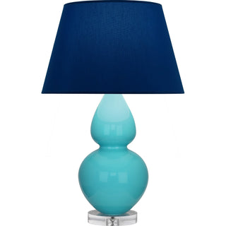 Buy egg-blue-glazed-ceramic-w-lucite-with-navy-w-gray-lining-fabric-shade-glass-and-blue-shade Double Gourd Table Lamp by Robert Abbey