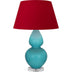 Egg Blue Glazed Ceramic w/Lucite with Rose Red W/ Ink Black Lining Fabric Shade Glass and Red Shade