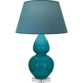 Buy peacock-glazed-ceramic-w-lucite-with-bright-blue-w-gray-lining-fabric-shade-glass-and-blue-shade Double Gourd Table Lamp by Robert Abbey