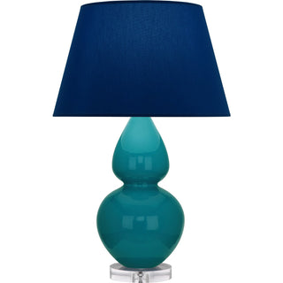 Buy peacock-glazed-ceramic-w-lucite-with-navy-w-gray-lining-fabric-shade-glass-and-blue-shade Double Gourd Table Lamp by Robert Abbey