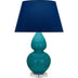 Peacock Glazed Ceramic w/Lucite with Navy W/ Gray Lining Fabric Shade Glass and Blue Shade
