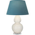 Bone Glazed Ceramic w/Lucite with Bright Blue W/ Gray Lining Fabric Shade Glass and Blue Shade
