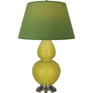 Buy citron-glazed-ceramic-w-antique-silvered-with-tea-green-w-taupe-lining-fabric-shade-glass-and-green-shade Double Gourd Table Lamp by Robert Abbey