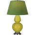 Citron Glazed Ceramic w/Antique Silvered with Tea Green W/ Taupe Lining Fabric Shade Glass and Green Shade