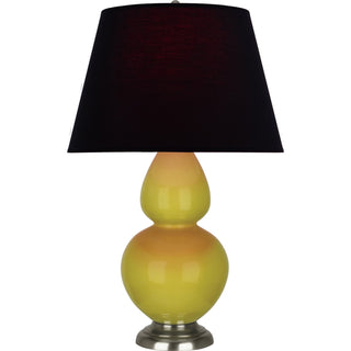 Buy citron-glazed-ceramic-w-antique-silvered-with-ink-black-w-rose-red-lining-fabric-shade-glass-and-black-shade Double Gourd Table Lamp by Robert Abbey