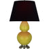 Citron Glazed Ceramic w/Antique Silvered with Ink Black W/ Rose Red Lining Fabric Shade Glass and Black Shade