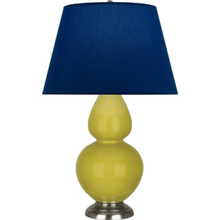 Buy citron-glazed-ceramic-w-antique-silvered-with-navy-w-gray-lining-fabric-shade-glass-and-blue-shade Double Gourd Table Lamp by Robert Abbey