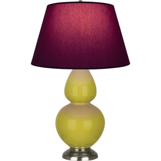 Buy citron-glazed-ceramic-w-antique-silvered-with-plum-w-lavender-lining-glass-and-red-shade Double Gourd Table Lamp by Robert Abbey