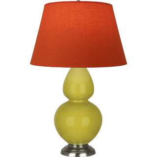 Buy citron-glazed-ceramic-w-antique-silvered-with-tangerine-w-taupe-lining-fabric-shade-glass-and-orange-shade Double Gourd Table Lamp by Robert Abbey