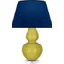 Citron Glazed Ceramic w/Lucite with Navy W/ Gray Lining Fabric Shade Glass and Blue Shade