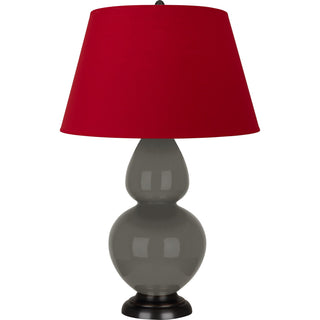 Buy ash-glazed-ceramic-w-deep-patina-bronzeed-with-rose-red-w-ink-black-lining-fabric-shade-glass-and-red-shade Double Gourd Table Lamp by Robert Abbey