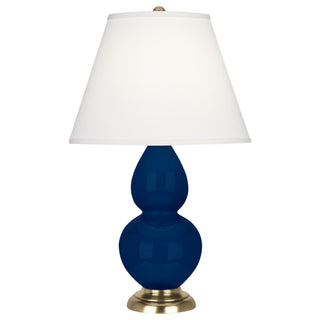 Buy cobalt-glazed-ceramic-w-antique-natural-brassed-with-pearl-dupioni-fabric-shade-glass-and-white-shade Small Double Gourd Lamp by Robert Abbey