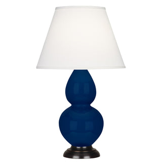 Buy cobalt-glazed-ceramic-w-deep-patina-bronzeed-with-pearl-dupioni-fabric-shade-glass-and-white-shade Small Double Gourd Table Lamp by Robert Abbey