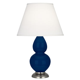 Buy cobalt-glazed-ceramic-w-antique-silvered-with-pearl-dupioni-fabric-shade-glass-and-white-shade Small Double Gourd Lamp by Robert Abbey