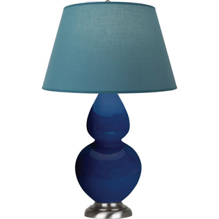 Buy cobalt-glazed-ceramic-w-antique-silvered-with-bright-blue-w-gray-lining-fabric-shade-glass-and-blue-shade Double Gourd Table Lamp by Robert Abbey