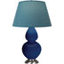 Cobalt Glazed Ceramic w/Antique Silvered with Bright Blue W/ Gray Lining Fabric Shade Glass and Blue Shade