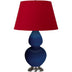 Cobalt Glazed Ceramic w/Antique Silvered with Rose Red W/ Ink Black Lining Fabric Shade Glass and Red Shade