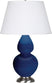 Cobalt Glazed Ceramic w/Antique Silvered with Pearl Dupioni Fabric Shade Glass and White Shade