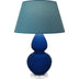 Cobalt Glazed Ceramic w/Lucite with Bright Blue W/ Gray Lining Fabric Shade Glass and Blue Shade