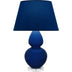 Cobalt Glazed Ceramic w/Lucite with Navy W/ Gray Lining Fabric Shade Glass and Blue Shade