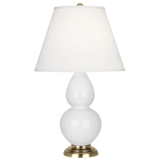 Buy daisy-glazed-ceramic-w-antique-natural-brassed-with-pearl-dupioni-fabric-shade-glass-and-white-shade Small Double Gourd Table Lamp by Robert Abbey