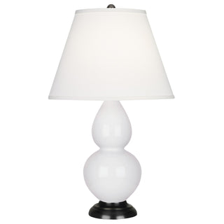 Buy daisy-glazed-ceramic-w-deep-patina-bronzeed-with-pearl-dupioni-fabric-shade-glass-and-white-shade Small Double Gourd Table Lamp by Robert Abbey