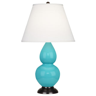 Buy egg-blue-glazed-ceramic-w-deep-patina-bronzeed-with-pearl-dupioni-fabric-shade-glass-and-white-shade Small Double Gourd Table Lamp by Robert Abbey