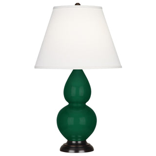 Buy jungle-glazed-ceramic-w-deep-patina-bronzeed-with-pearl-dupioni-fabric-shade-glass-and-white-shade Small Double Gourd Table Lamp by Robert Abbey