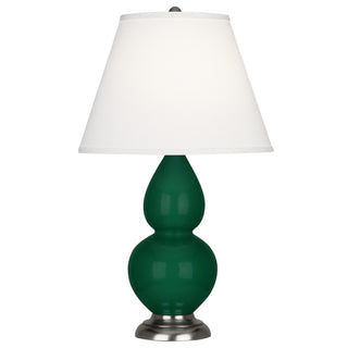 Buy jungle-glazed-ceramic-w-antique-silvered-with-pearl-dupioni-fabric-shade-glass-and-white-shade Small Double Gourd Table Lamp by Robert Abbey