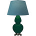 Jungle Glazed Ceramic w/Antique Silvered with Bright Blue W/ Gray Lining Fabric Shade Glass and Blue Shade