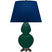 Jungle Glazed Ceramic w/Antique Silvered with Navy W/ Gray Lining Fabric Shade Glass and Blue Shade