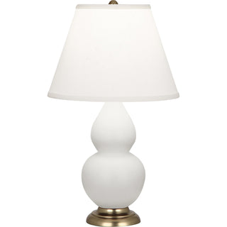 Buy matte-daisy-glazed-ceramic-w-antique-natural-brassed-with-pearl-dupioni-fabric-shade-glass-and-white-shade Small Double Gourd Lamp by Robert Abbey
