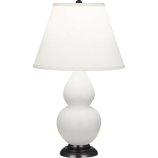 Buy matte-daisy-glazed-ceramic-w-deep-patina-bronzeed-with-pearl-dupioni-fabric-shade-glass-and-white-shade Small Double Gourd Lamp by Robert Abbey