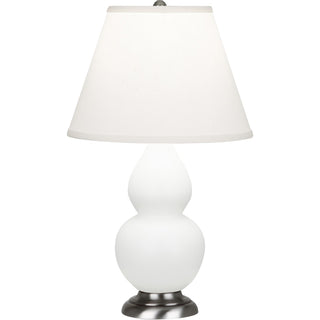 Buy matte-daisy-glazed-ceramic-w-antique-silvered-with-pearl-dupioni-fabric-shade-glass-and-white-shade Small Double Gourd Table Lamp by Robert Abbey
