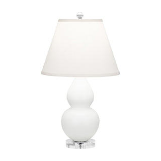 Buy matte-daisy-glazed-ceramic-w-lucite-with-pearl-dupioni-fabric-shade-glass-and-white-shade Small Double Gourd Table Lamp by Robert Abbey