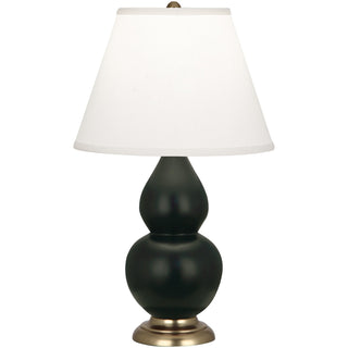Buy matte-obsidian-glazed-ceramic-w-antique-natural-brassed-with-pearl-dupioni-fabric-shade-glass-and-white-shade Small Double Gourd Lamp by Robert Abbey