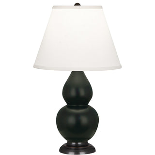 Buy matte-obsidian-glazed-ceramic-w-deep-patina-bronzeed-with-pearl-dupioni-fabric-shade-glass-and-white-shade Small Double Gourd Table Lamp by Robert Abbey