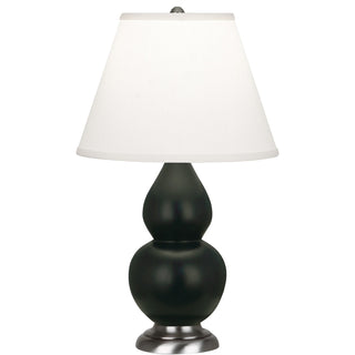 Buy matte-obsidian-glazed-ceramic-w-antique-silvered-with-pearl-dupioni-fabric-shade-glass-and-white-shade Small Double Gourd Lamp by Robert Abbey