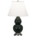Matte Obsidian Glazed Ceramic w/Antique Silvered with Pearl Dupioni Fabric Shade Glass and White Shade
