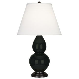 Buy obsidian-glazed-ceramic-w-deep-patina-bronzeed-with-pearl-dupioni-fabric-shade-glass-and-white-shade Small Double Gourd Lamp by Robert Abbey