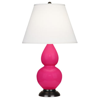 Buy razzle-rose-glazed-ceramic-w-deep-patina-bronzeed-with-pearl-dupioni-fabric-shade-glass-and-white-shade Small Double Gourd Lamp by Robert Abbey