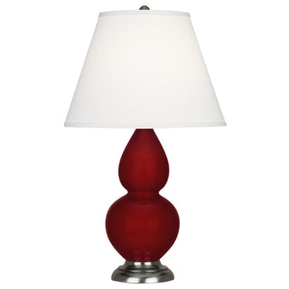 Buy sangria-glazed-ceramic-w-antique-silvered-with-pearl-dupioni-fabric-shade-glass-and-white-shade Small Double Gourd Table Lamp by Robert Abbey
